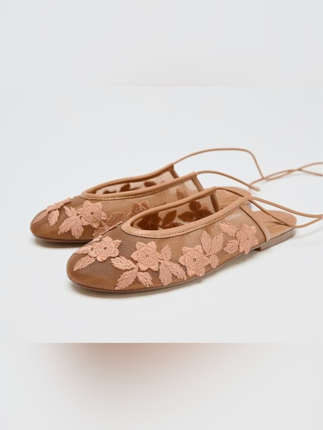 Sz 7.5 New Zara Laced Mesh Embroidered Ballet Flatscolor: Beige